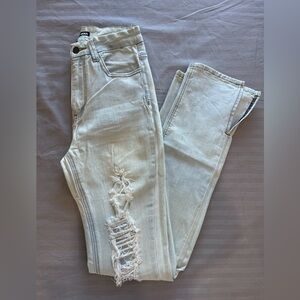 Fashion Nova Light Cream Distressed Skinny Jeans